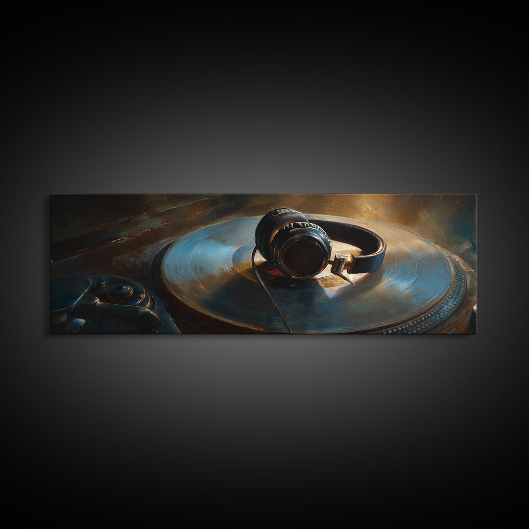 Headphones Around a Glowing Record Canvas Print, Music Studio Art, Gallery Decor, Studio Decor, Fine Art, Rhythm, MSA-3x1-3