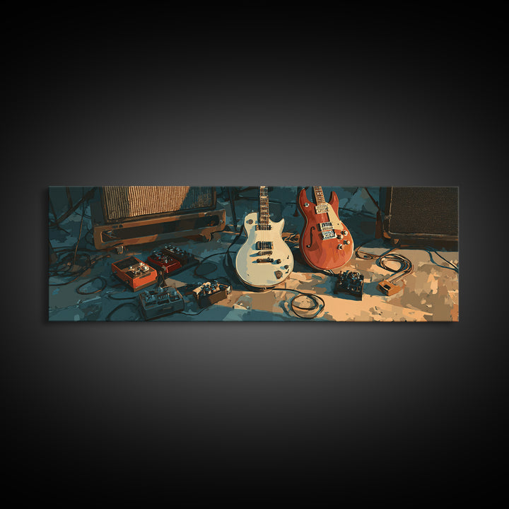 Electric Guitar Pedals and Cables Graphic Art Canvas Print, Music Studio Art, Painting from Photo, Studio Decor, Rhythm, MSA-3x1-37
