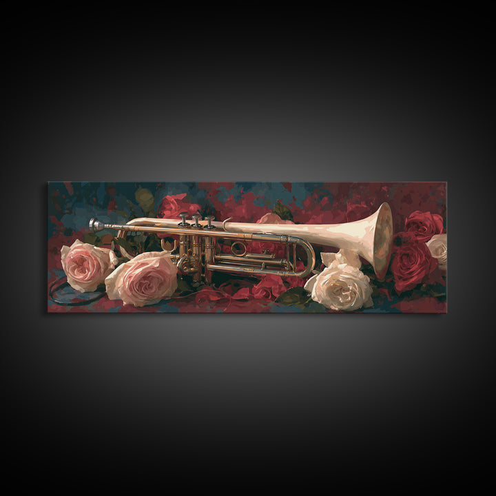 Trumpet and Roses Canvas Print, Music Studio Art, Art Print, Studio Decor, Fine Art, Rhythm, Digital Wall Art, Printable Art, MSA-3x1-48