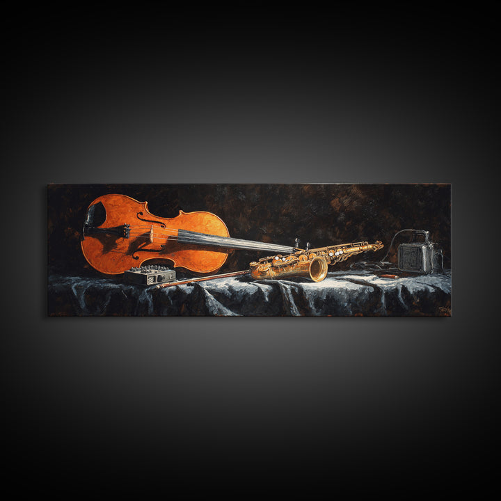 Cello Leaning Against Dark Velvet Backdrop Canvas Print, Music Studio Art, Commission Painting, Studio Decor, Abstract Art, MSA-3x1-49