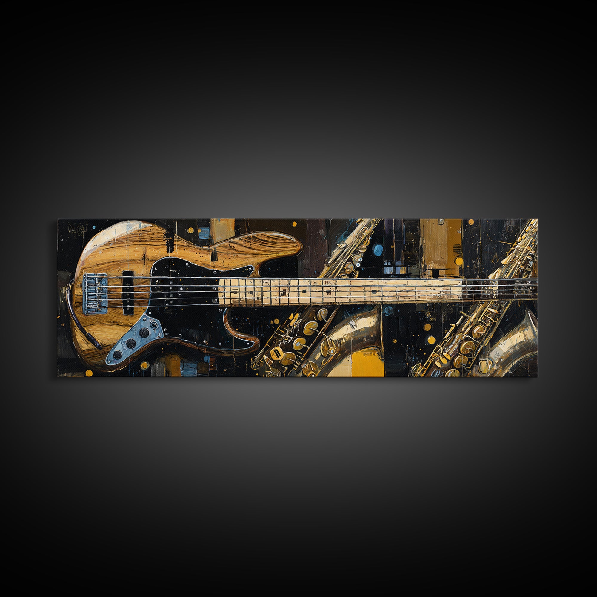 Bass Guitar Closeup Framed Canvas Print, Music Studio Art, Custom Painting, Studio Decor, Watercolor Art, Rhythm, MSA-3x1-5