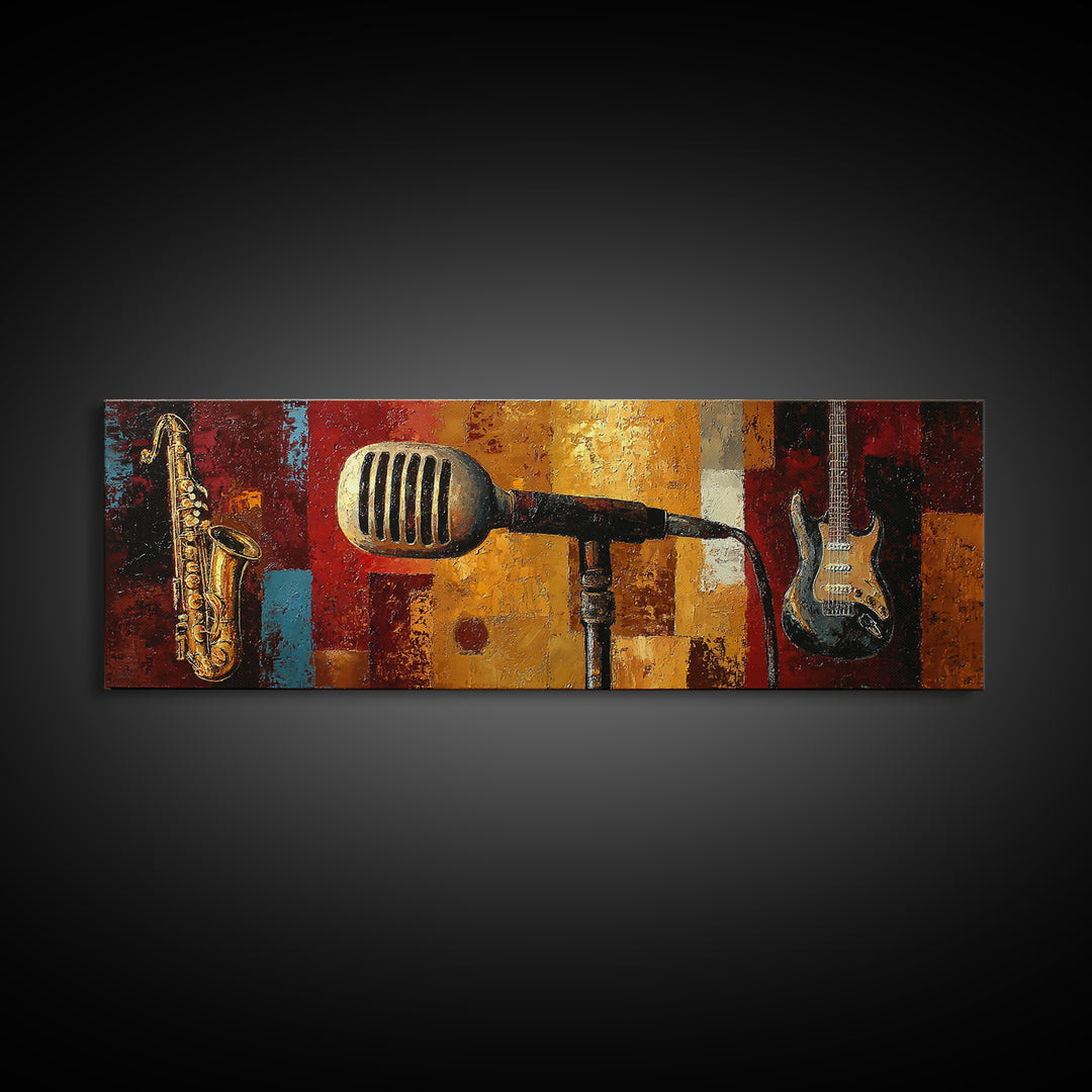Microphone Portrait with Golden Spotlight Canvas Print, Music Studio Art, Custom Painting, Studio Decor, Fine Art, Rhythm, MSA-3x1-71