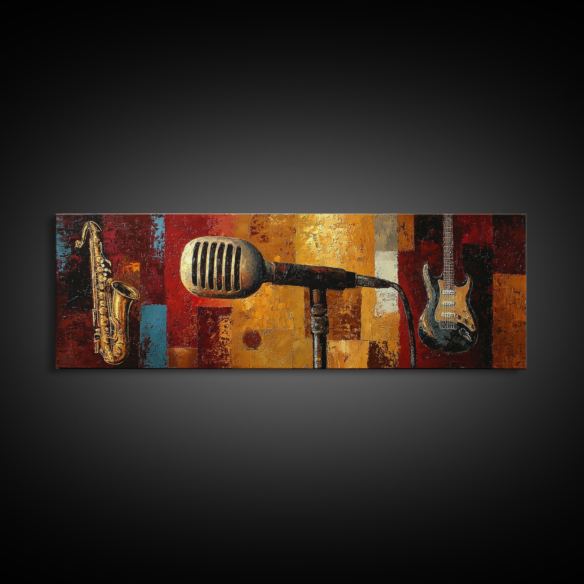 Microphone Portrait with Golden Spotlight Canvas Print, Music Studio Art, Custom Painting, Studio Decor, Fine Art, Rhythm, MSA-3x1-71