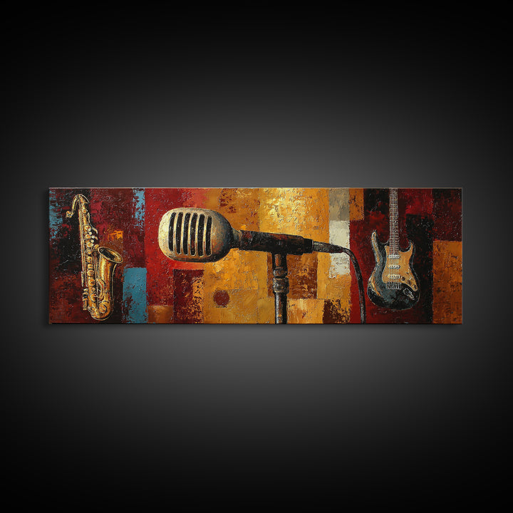 Microphone Portrait with Golden Spotlight Canvas Print, Music Studio Art, Custom Painting, Studio Decor, Fine Art, Rhythm, MSA-3x1-71