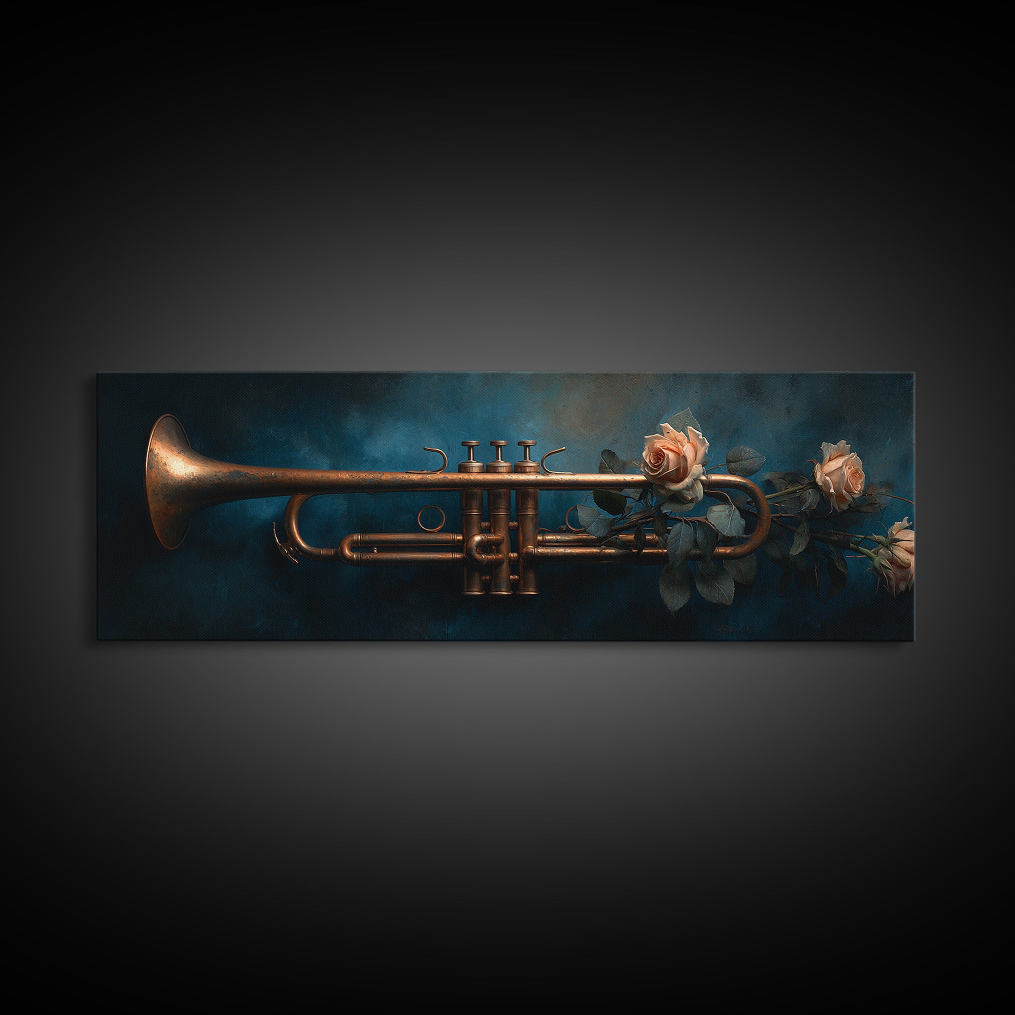 Trumpet and Roses Framed Canvas Print, Music Studio Art, Wall Art, Studio Decor, Rhythm, Trendy Wall Art, Music Wall Art, MSA-3x1-72