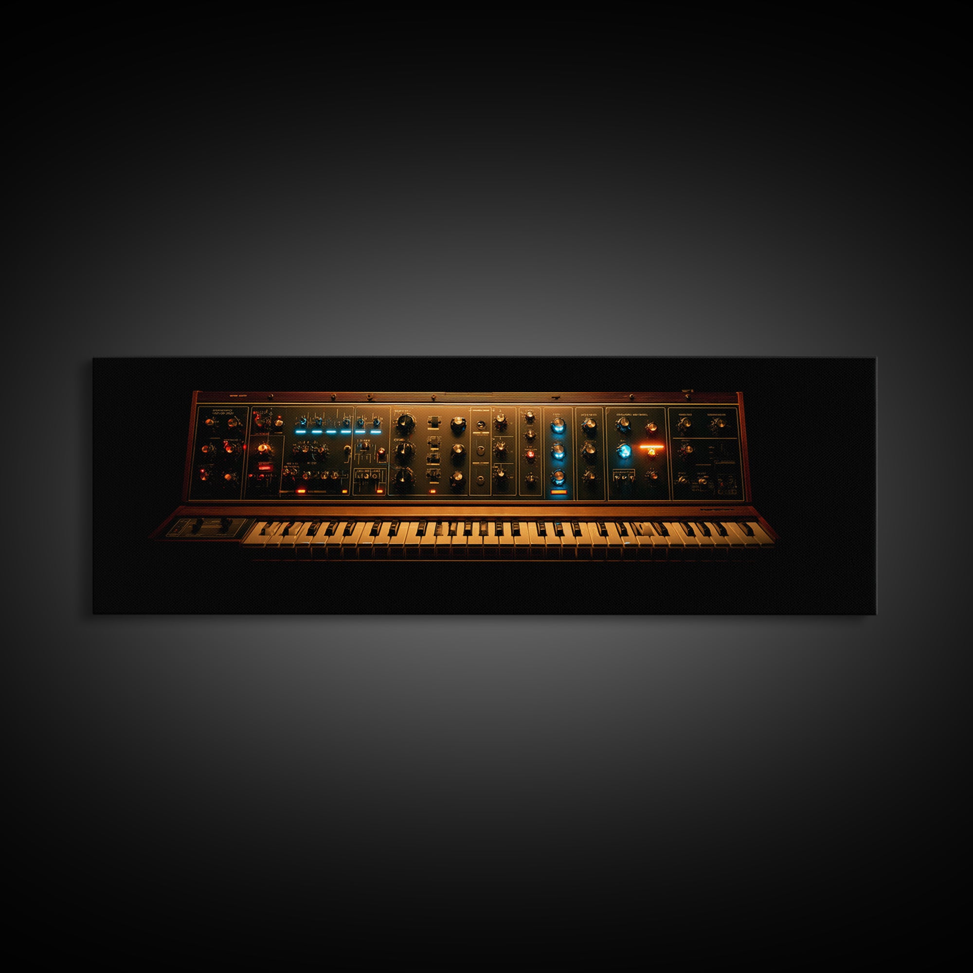 Synthesizer Knobs and Neon Reflections Framed Canvas Print, Music Studio Art, Painting from Photo, Studio Decor, Oil Painting, MSA-3x1-74