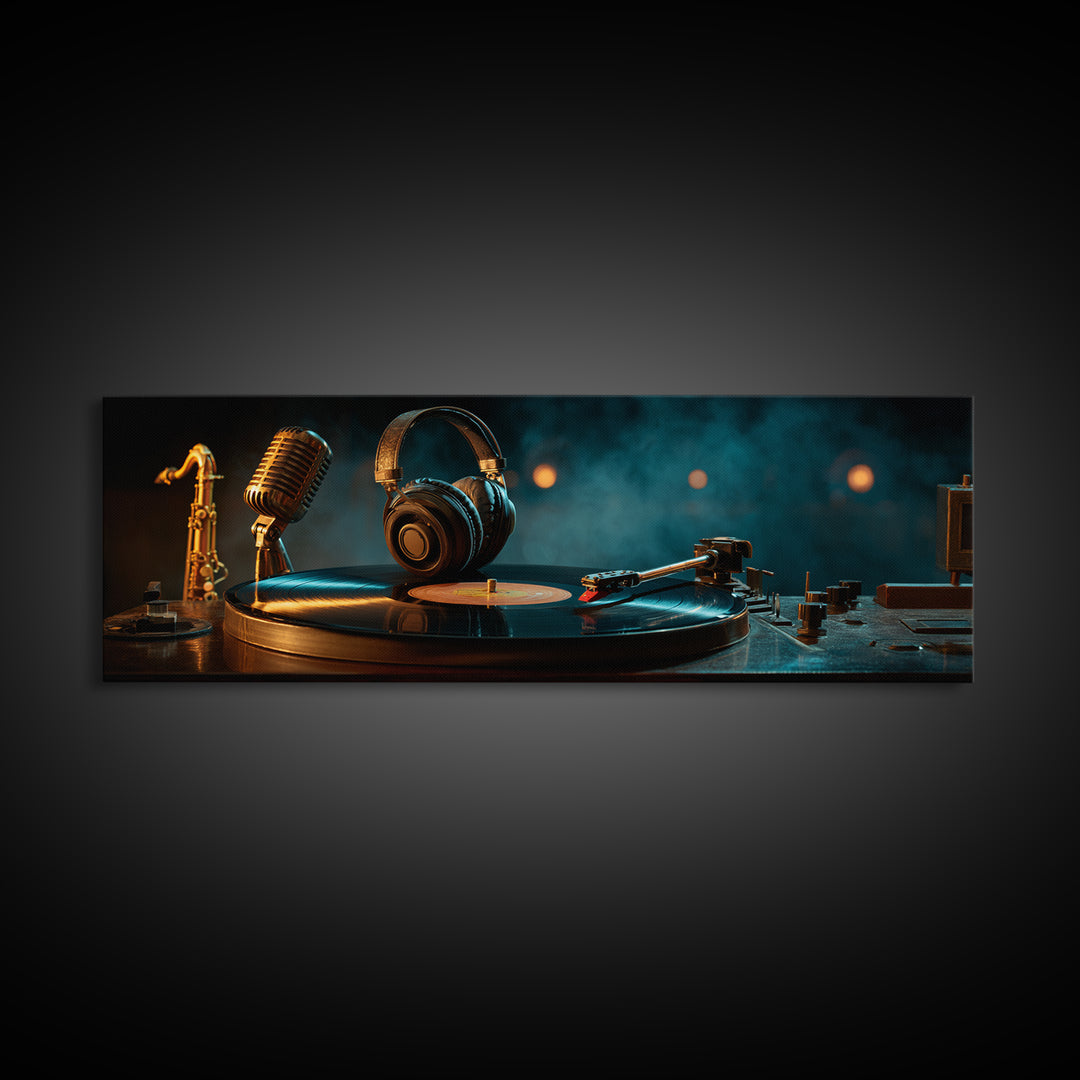 Headphones Around a Glowing Record Canvas Print, Music Studio Art, Modern Wall Art, Studio Decor, Fine Art, Rhythm, Boho Art, MSA-3x1-75