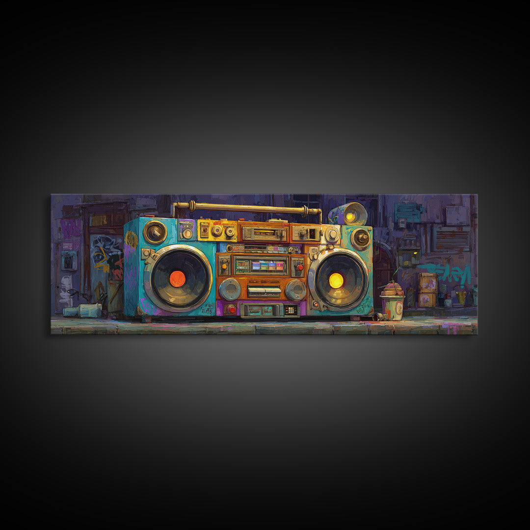 Hip Hop Boombox Framed Canvas Print, Music Studio Art, Modern Wall Art, Studio Decor, Rhythm, Boho Art, Travel Wall Art, MSA-3x1-9
