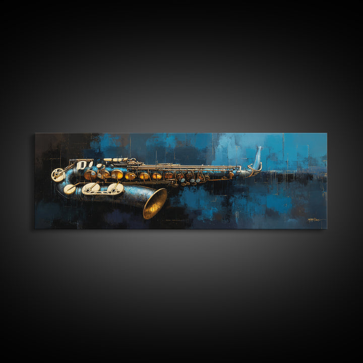 Jazz Saxophone with Smoky Blue Background Framed Canvas Print, Music Studio Art, Music Art, Studio Decor, Fine Art, Rhythm, MSA-3x1-90
