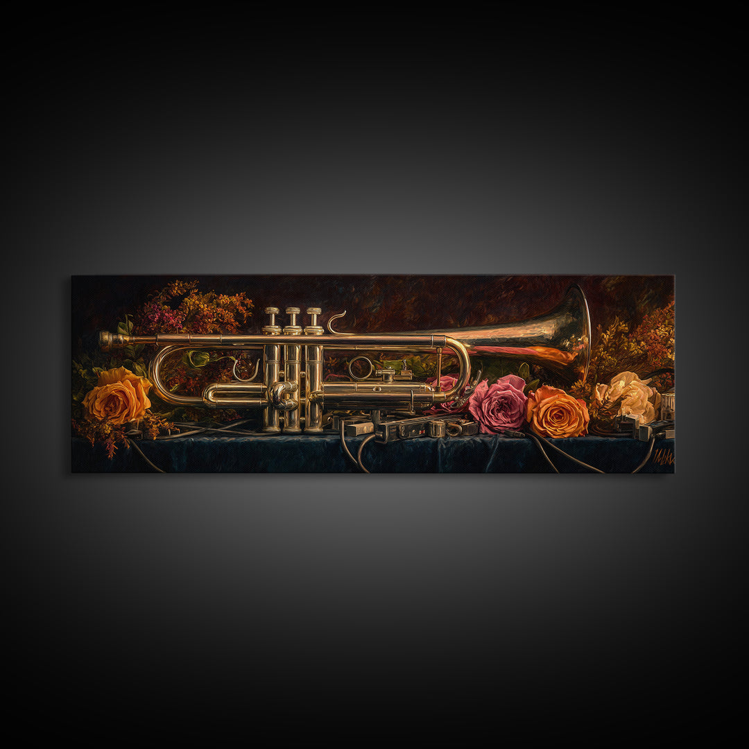 Trumpet and Roses Canvas Print, Music Studio Art, Neutral Decor, Studio Decor, Fine Art, Rhythm, Wall Art, Home Decor, MSA-3x1-96