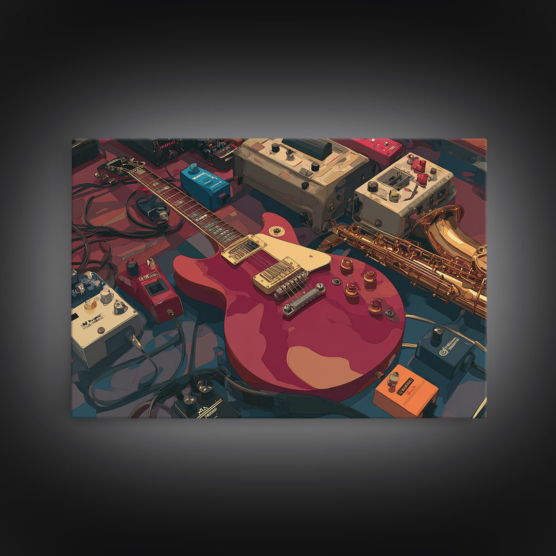Electric Guitar Pedals and Cables Graphic Art Canvas Print, Music Studio Art, Trendy Wall Art, Studio Decor, Fine Art, Rhythm, MSA-3x2-1