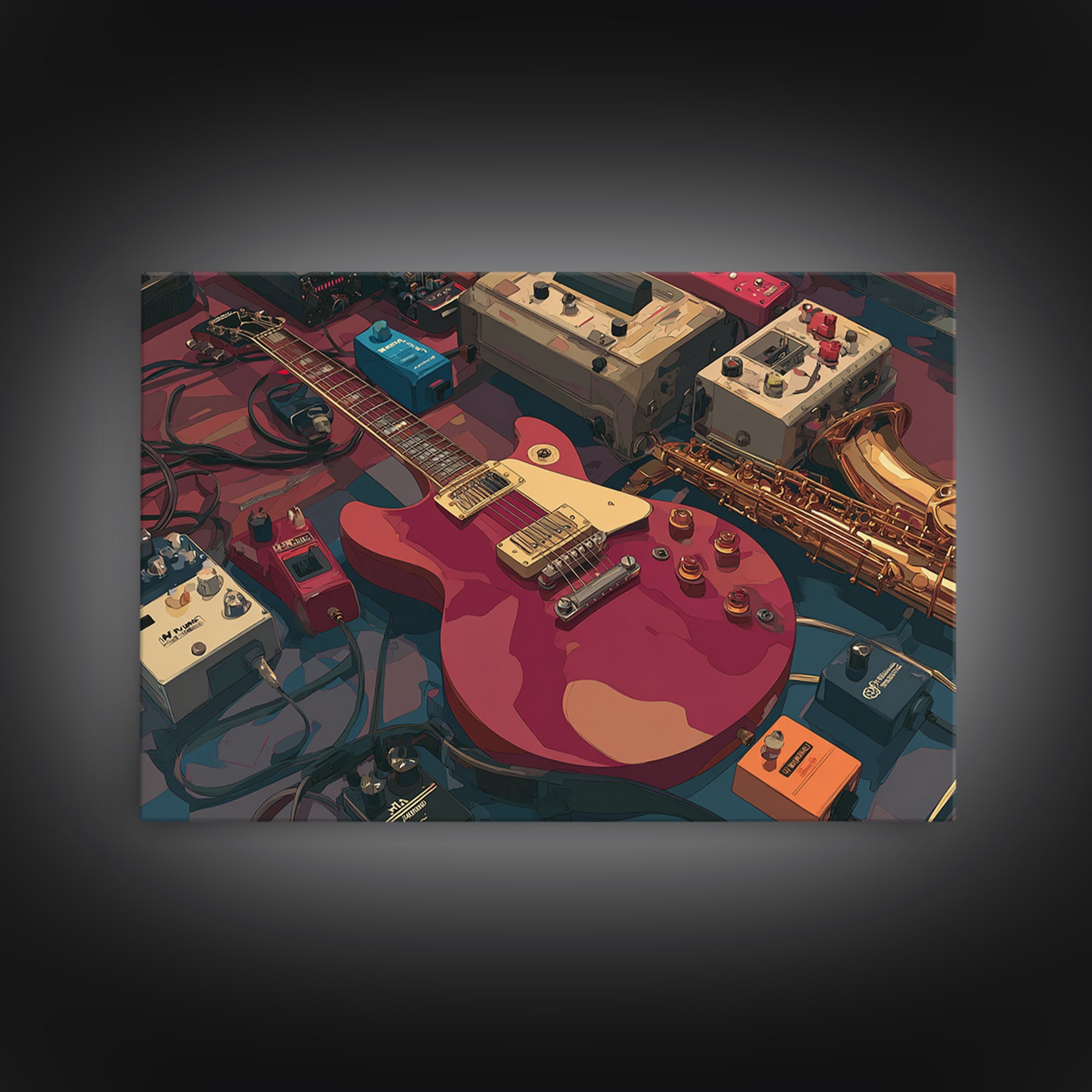 Electric Guitar Pedals and Cables Graphic Art Canvas Print, Music Studio Art, Trendy Wall Art, Studio Decor, Fine Art, Rhythm, MSA-3x2-1