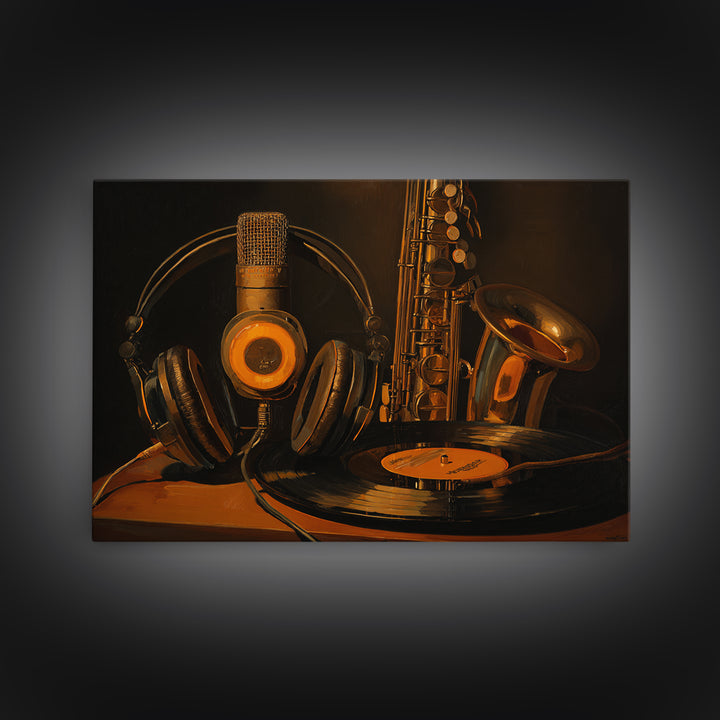 Headphones Around a Glowing Record Framed Canvas Print, Music Studio Art, Custom Painting, Studio Decor, Fine Art, Rhythm, MSA-3x2-15