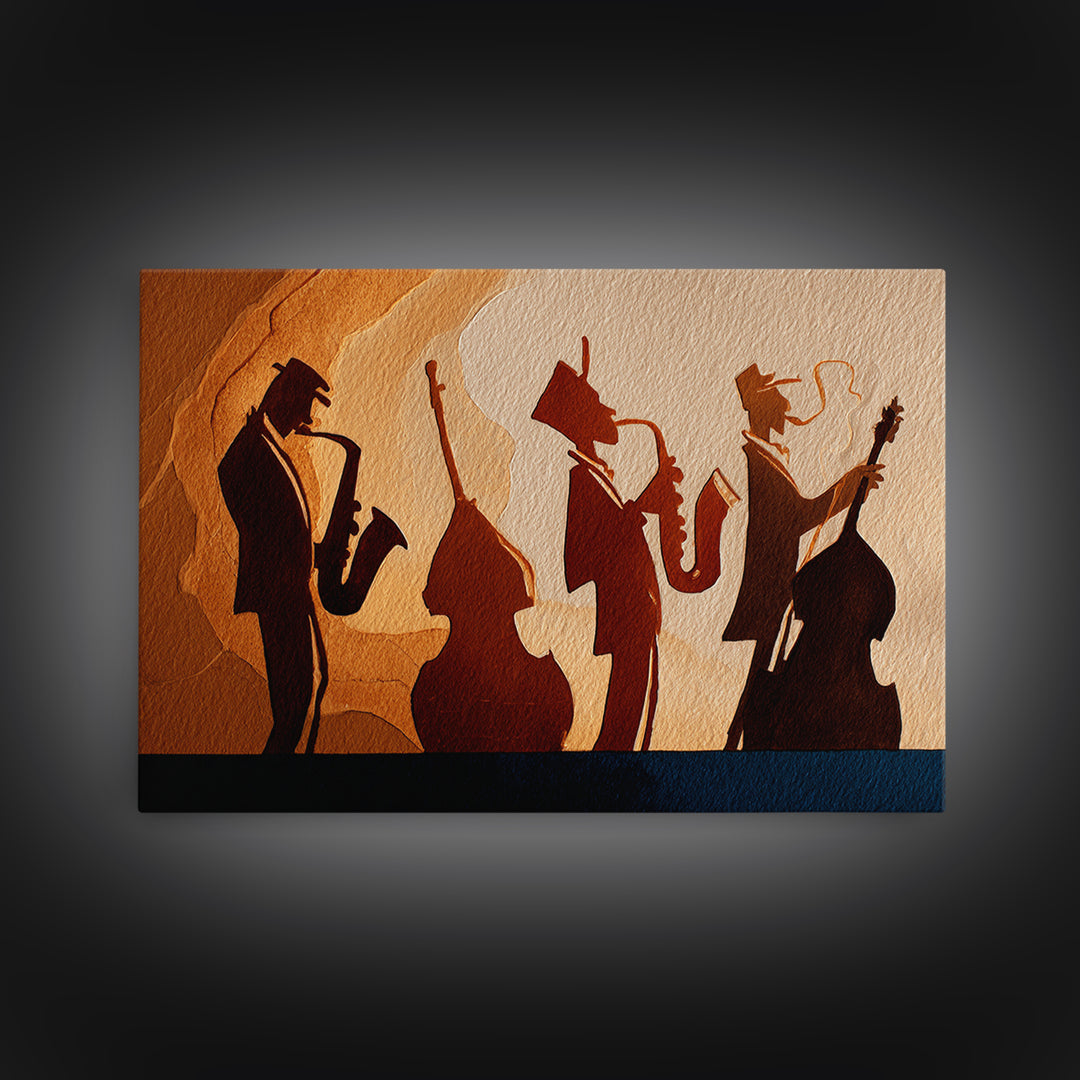 Jazz Quartet Silhouettes Framed Canvas Print, Music Studio Art, Printable Wall Art, Studio Decor, Rhythm, Painting from Photo, MSA-3x2-2