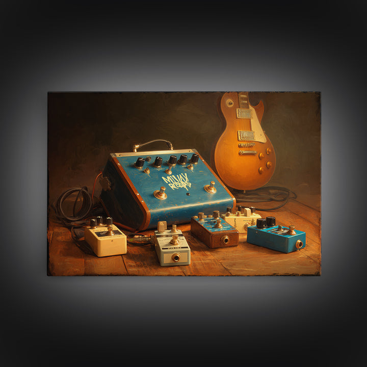 Electric Guitar Pedals and Cables Graphic Art Canvas Print, Music Studio Art, Watercolor Print, Studio Decor, Rhythm, MSA-3x2-25