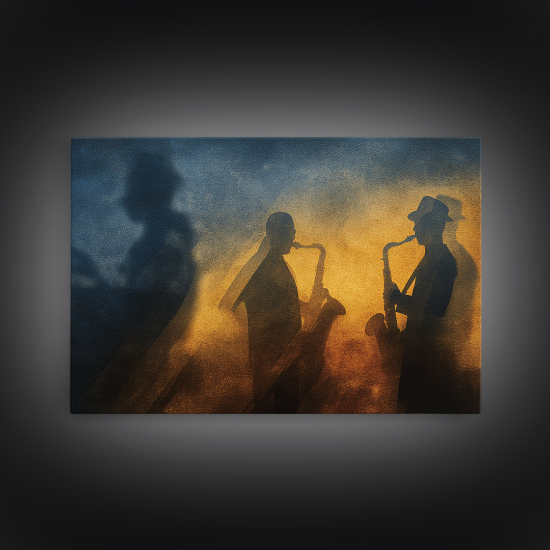 Jazz Quartet Silhouettes Framed Canvas Print, Music Studio Art, Digital Download Art, Studio Decor, Oil Painting, Rhythm, MSA-3x2-50