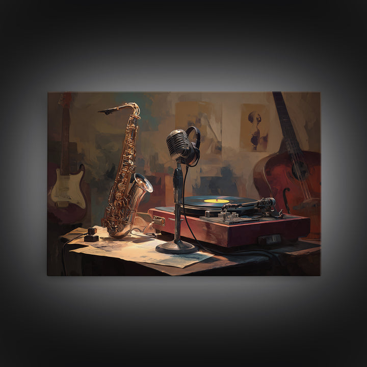Vinyl Record and Turntable Still Life Framed Canvas Print, Music Studio Art, Music, Studio Decor, Oil Painting, Rhythm, MSA-3x2-55