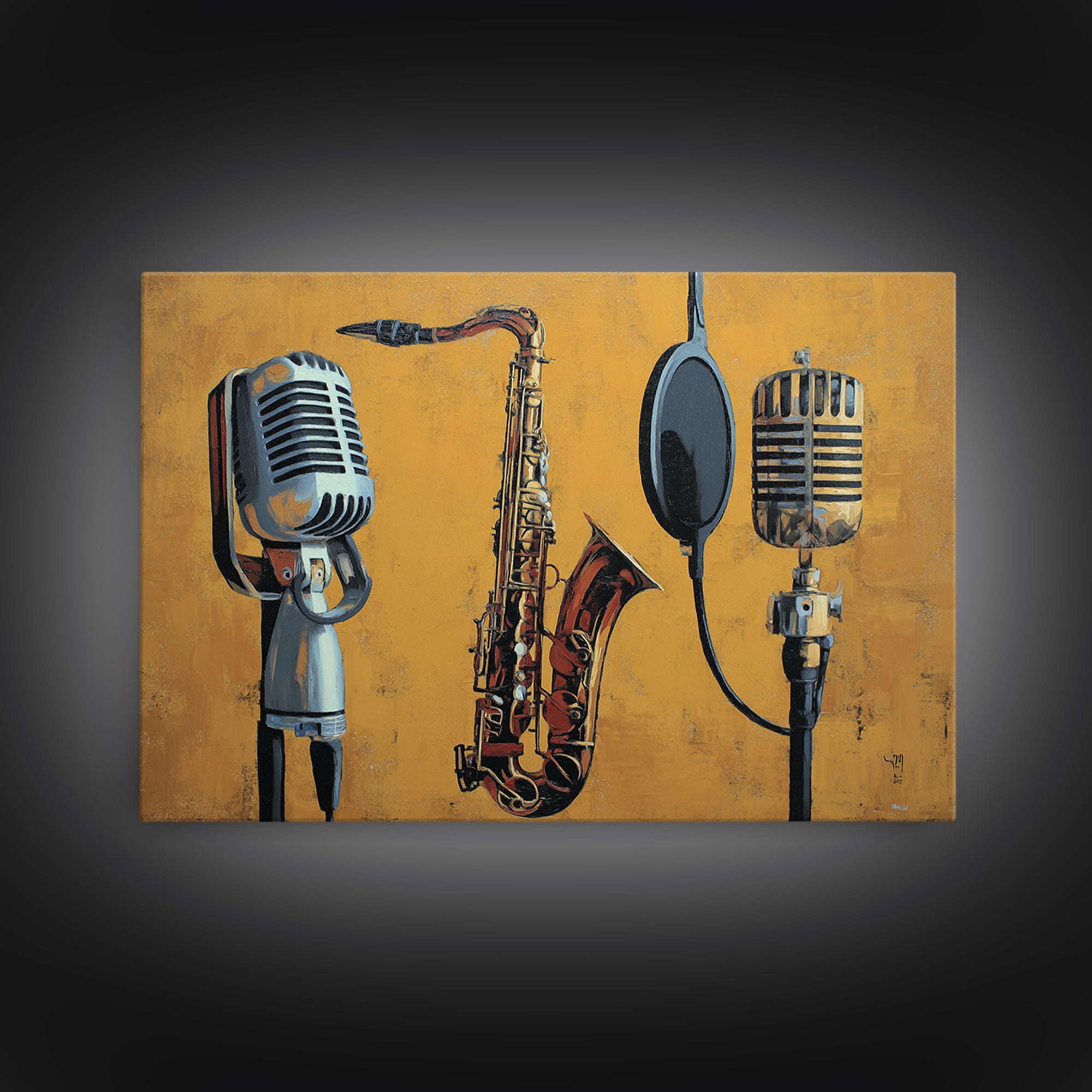Microphone Portrait with Golden Spotlight Framed Canvas Print, Music Studio Art, Art Print, Studio Decor, Fine Art, Rhythm, MSA-3x2-59