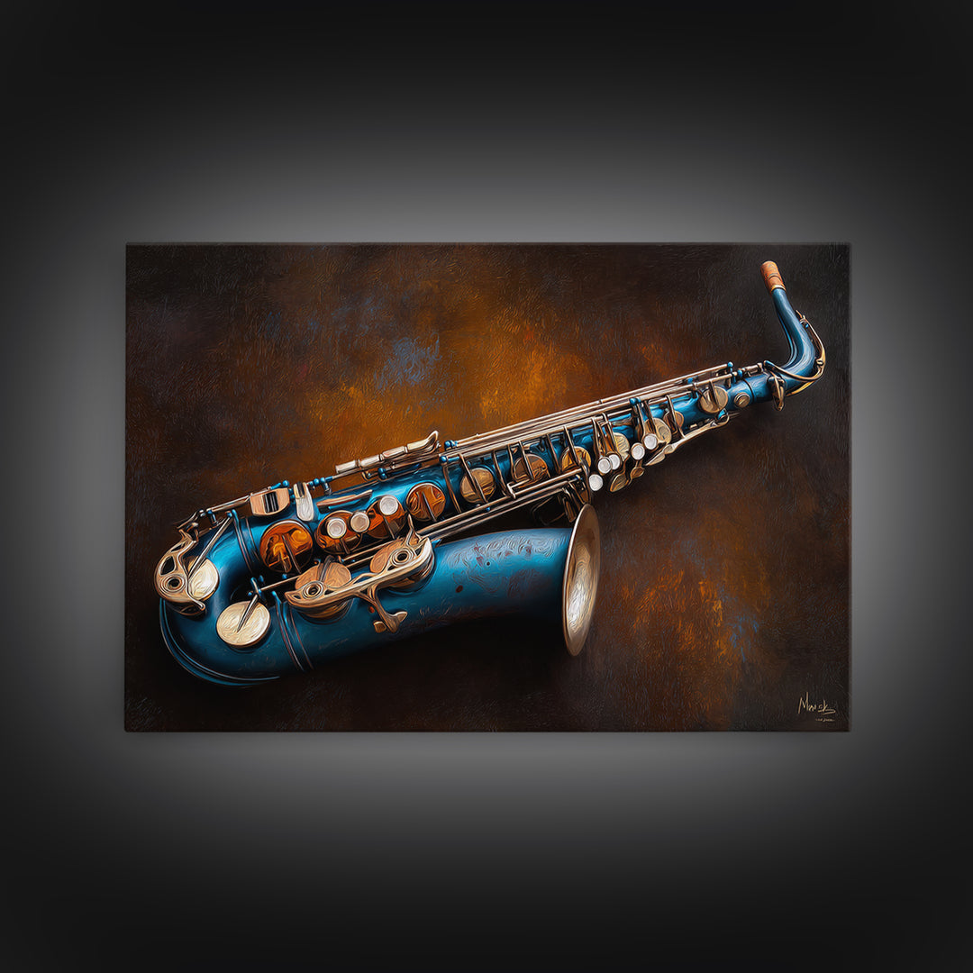 Jazz Saxophone with Smoky Blue Background Framed Canvas Print, Music Studio Art, Scripture Wall Art, Studio Decor, Rhythm, MSA-3x2-6