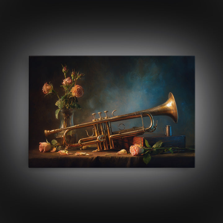 Trumpet and Roses Framed Canvas Print, Music Studio Art, Music Lover, Studio Decor, Fine Art, Rhythm, Minimalist Decor, MSA-3x2-60