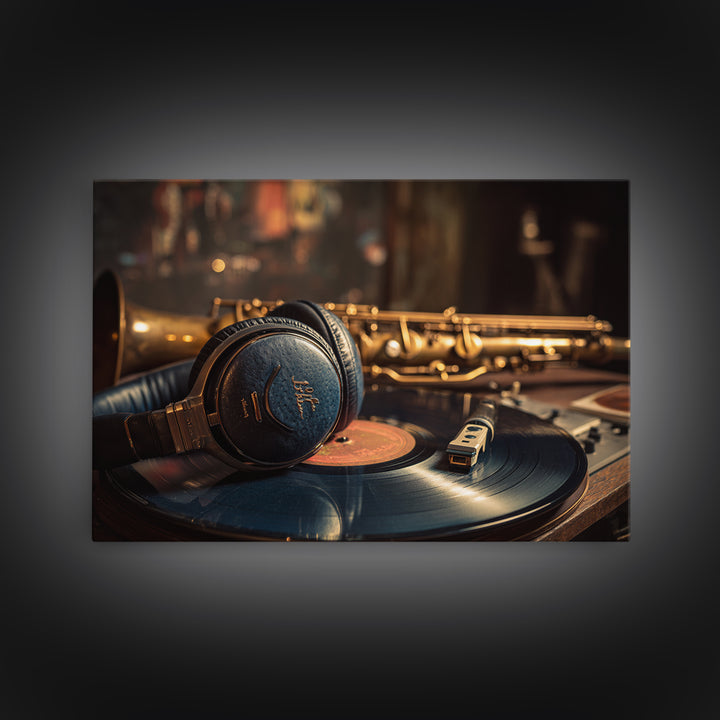 Headphones Around a Glowing Record Framed Canvas Print, Music Studio Art, Scripture Wall Art, Studio Decor, Fine Art, Rhythm, MSA-3x2-63