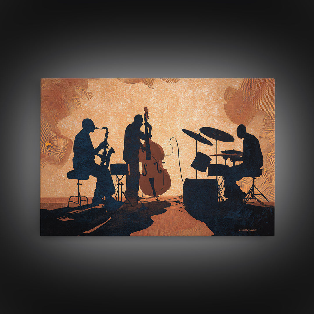 Jazz Quartet Silhouettes Framed Canvas Print, Music Studio Art, Digital Download Art, Studio Decor, Oil Painting, Rhythm, MSA-3x2-74