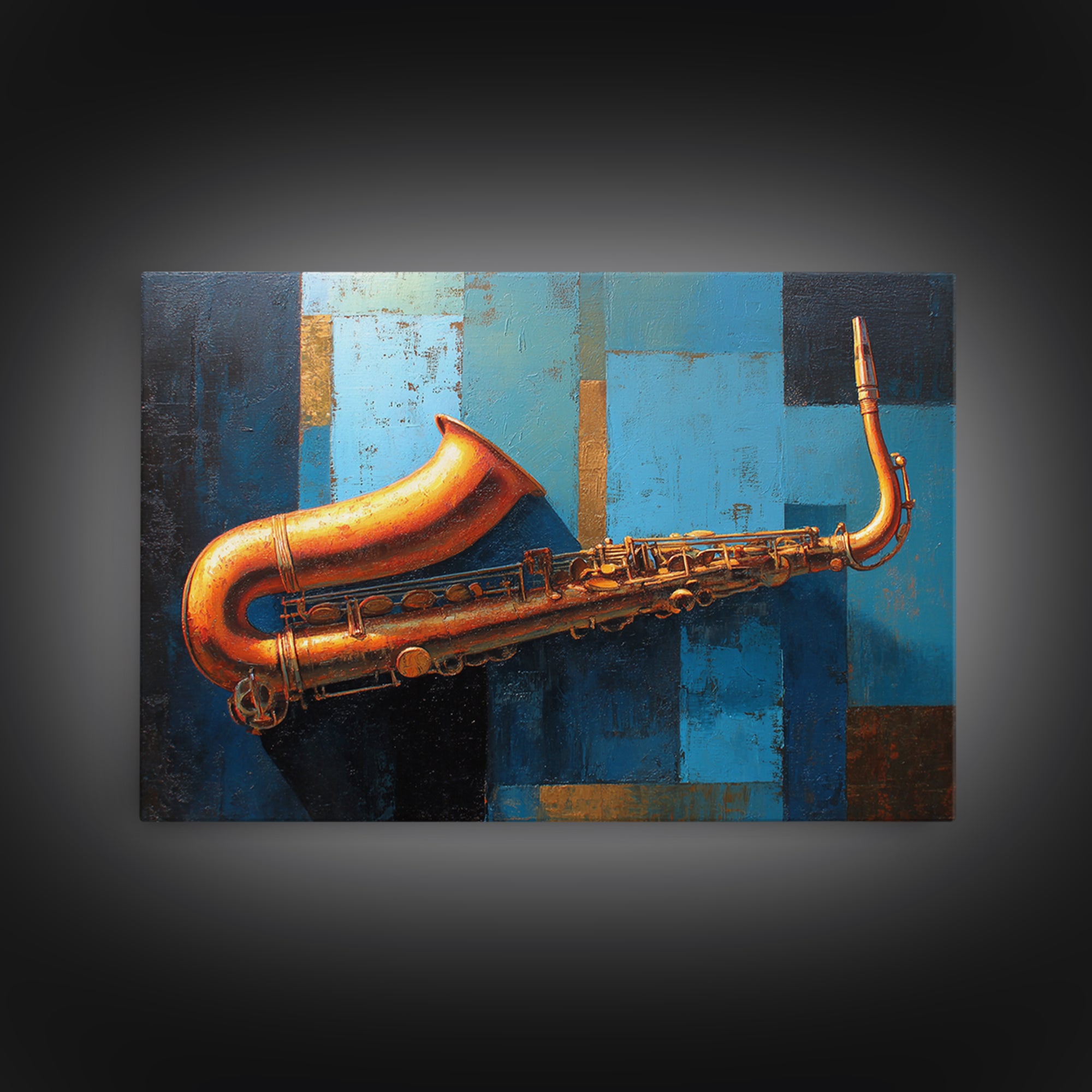 Jazz Saxophone with Smoky Blue Background Framed Canvas Print, Music Studio Art, Boho Art, Studio Decor, Fine Art, Rhythm, MSA-3x2-78