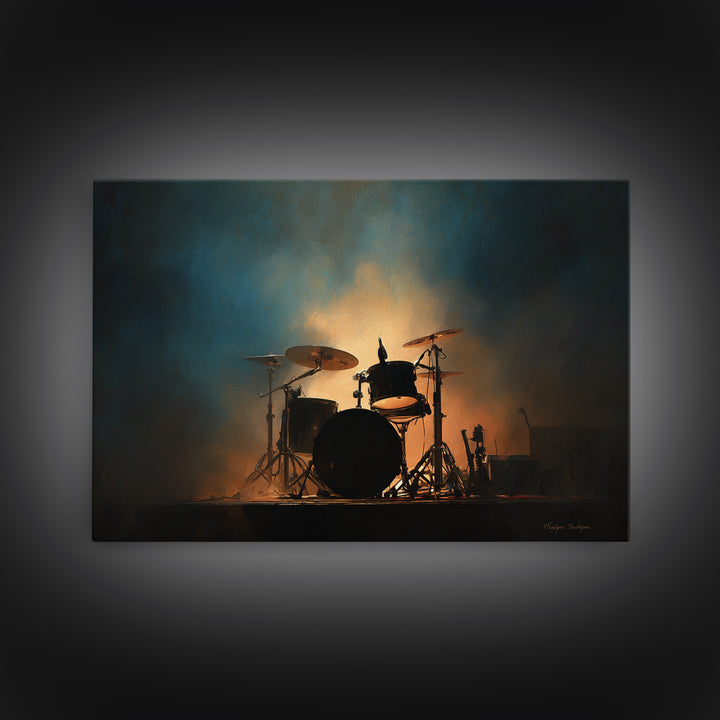 Drum Kit Silhouette Framed Canvas Print, Music Studio Art, Travel Wall Art, Studio Decor, Oil Painting, Rhythm, Boho Decor, MSA-3x2-82