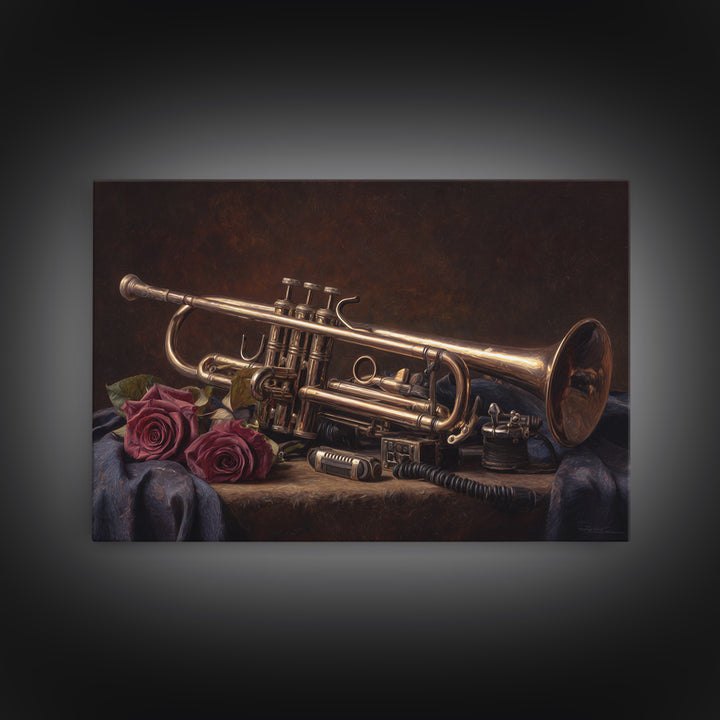 Trumpet and Roses Canvas Print, Music Studio Art, Boho Decor, Studio Decor, Fine Art, Rhythm, Metal Wall Art, MSA-3x2-84
