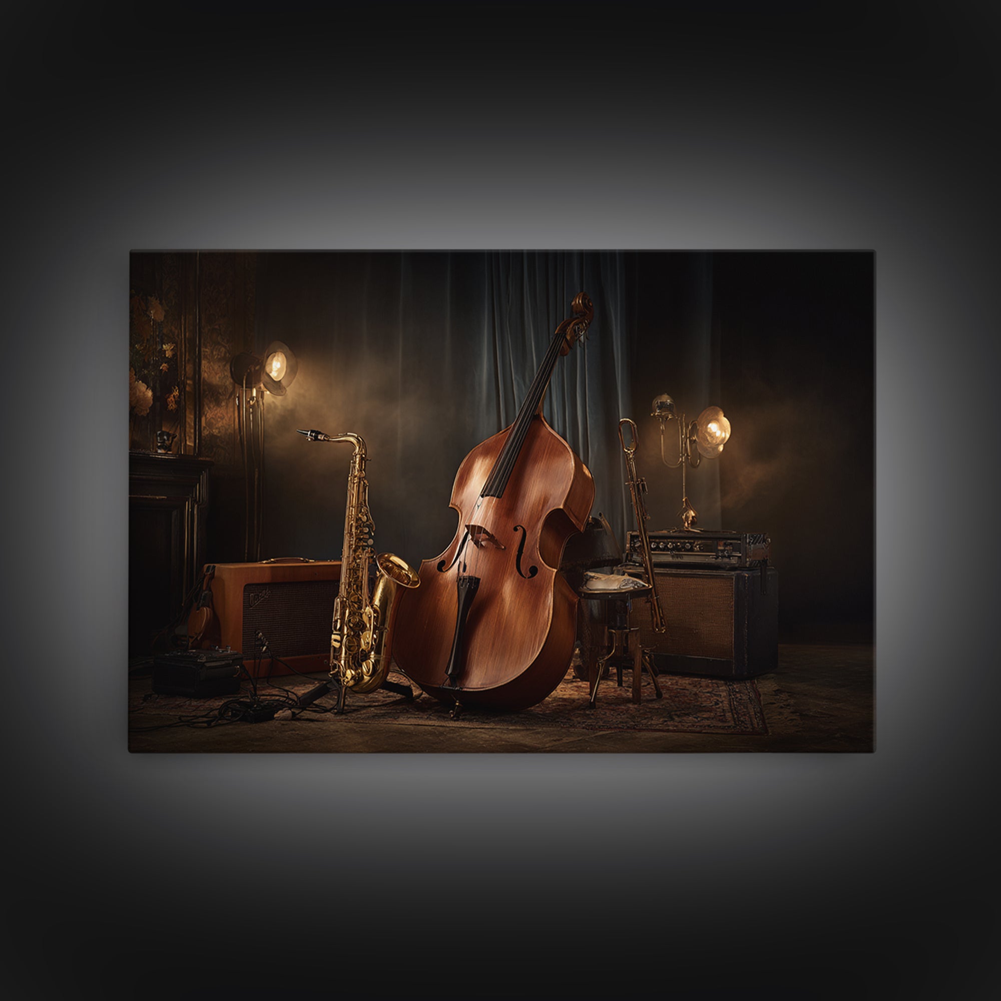 Cello Leaning Against Dark Velvet Backdrop Framed Canvas Print, Music Studio Art, Music Gift, Studio Decor, Fine Art, Rhythm, MSA-3x2-85