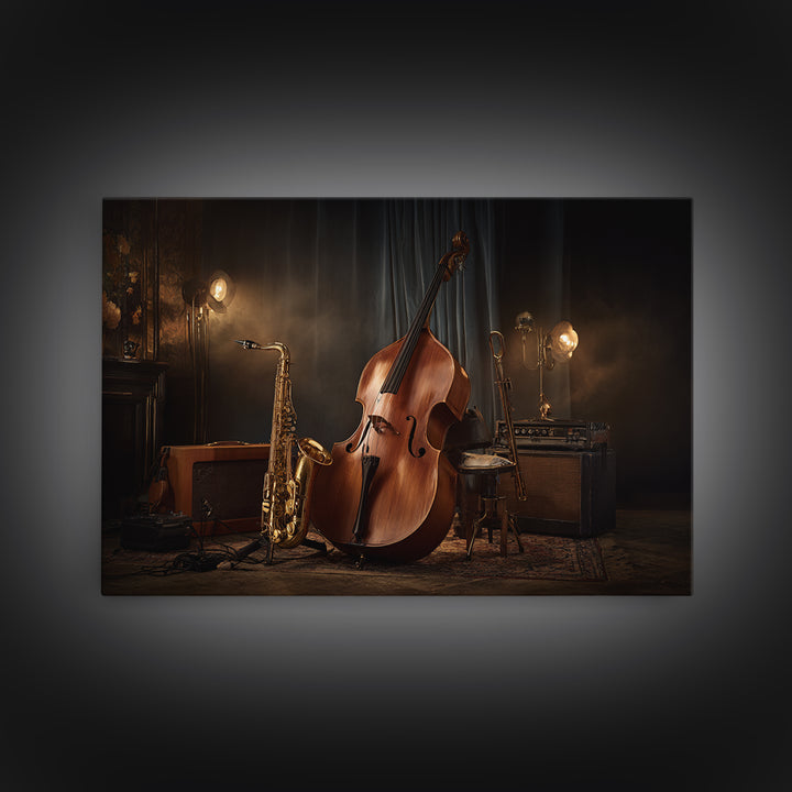 Cello Leaning Against Dark Velvet Backdrop Framed Canvas Print, Music Studio Art, Music Gift, Studio Decor, Fine Art, Rhythm, MSA-3x2-85
