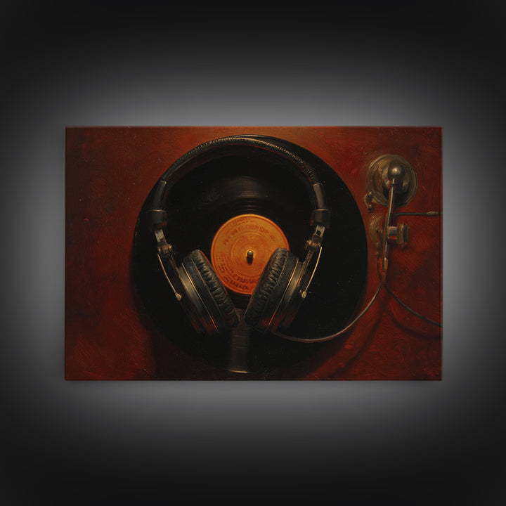 Headphones Around a Glowing Record Framed Canvas Print, Music Studio Art, Fine Art Print, Studio Decor, Fine Art, Rhythm, MSA-3x2-87
