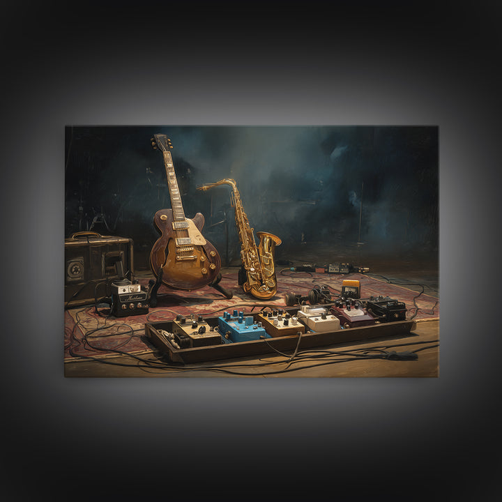 Electric Guitar Pedals and Cables Graphic Art Framed Canvas Print, Music Studio Art, Music Lover, Studio Decor, Watercolor Art, MSA-3x2-97
