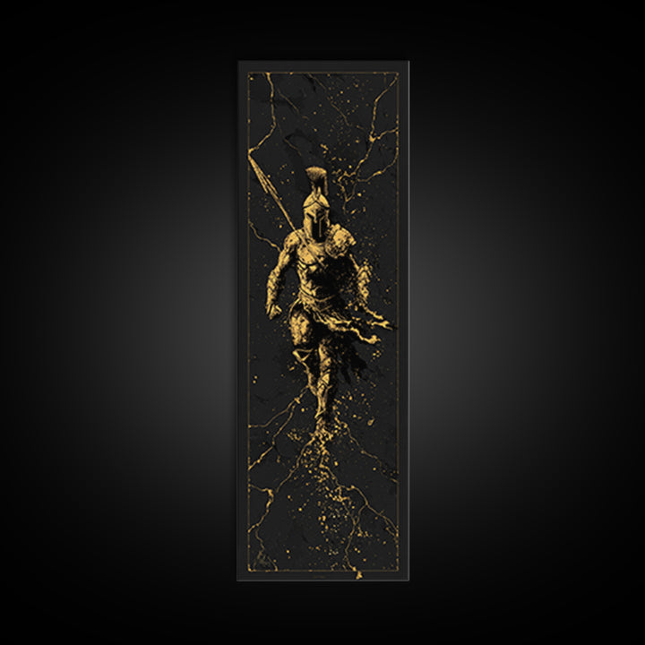 Ancient Spartan Soldier Running, Gold Canvas Print, Greek Warrior Helmet Wall Art, Real Wood Frame Decor