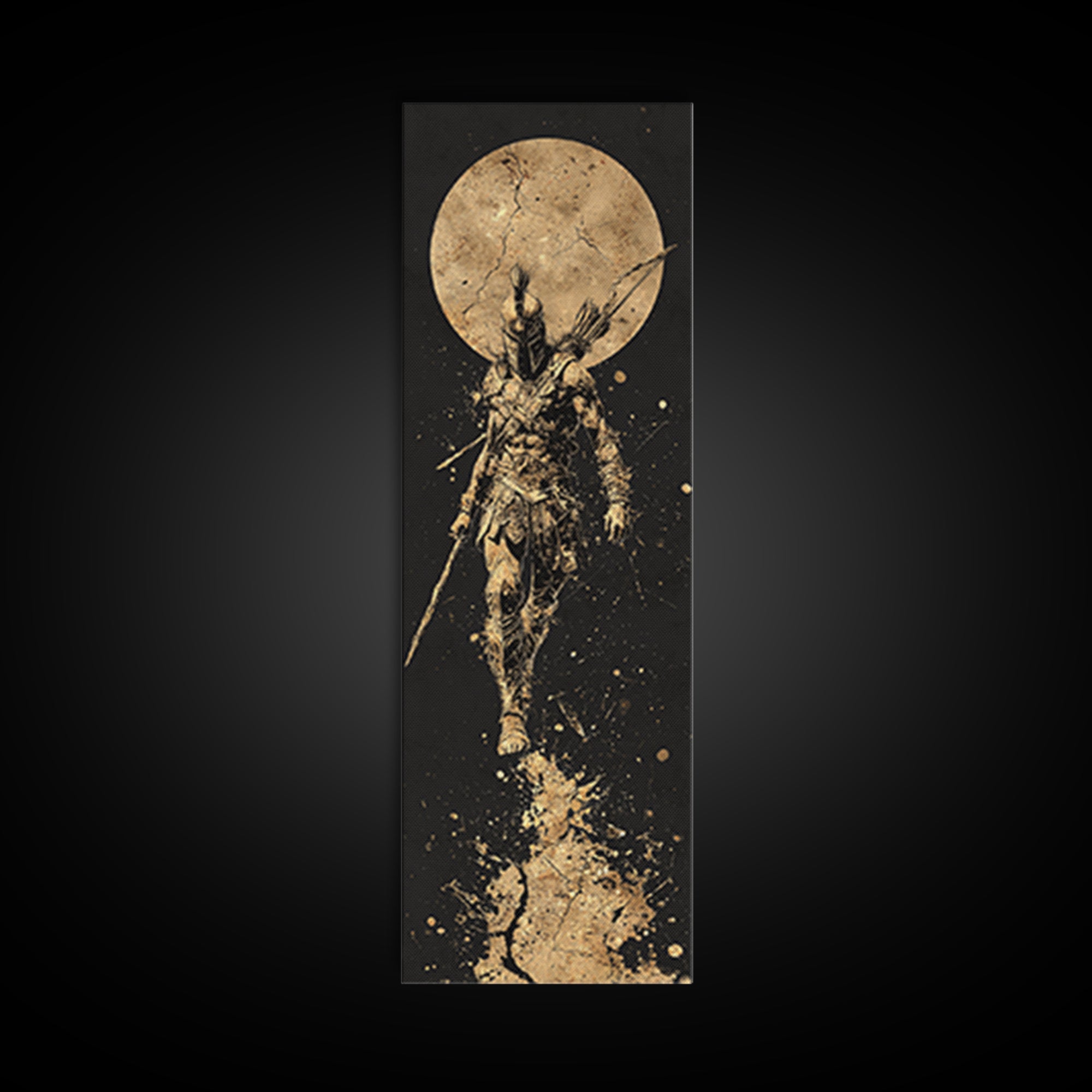 Spartan Warrior Under Full Moon, Gold Canvas Print, Ancient Greek Soldier Wall Art, Real Wood Frame Decor