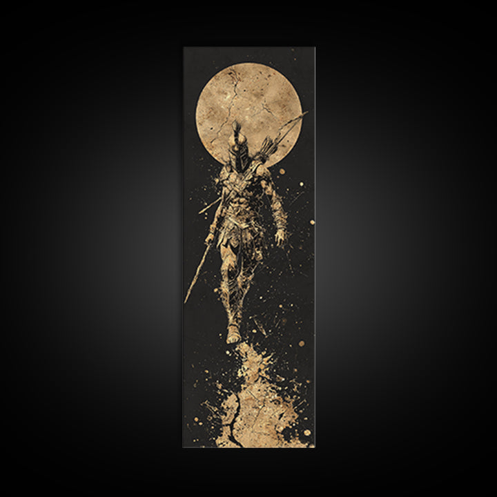 Spartan Warrior Under Full Moon, Gold Canvas Print, Ancient Greek Soldier Wall Art, Real Wood Frame Decor