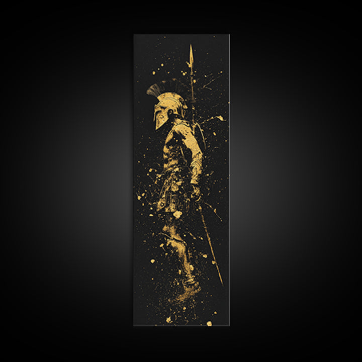Greek Spartan Warrior With Spear, Gold Canvas Print, Ancient Soldier Helmet Wall Art, Real Wood Frame Decor