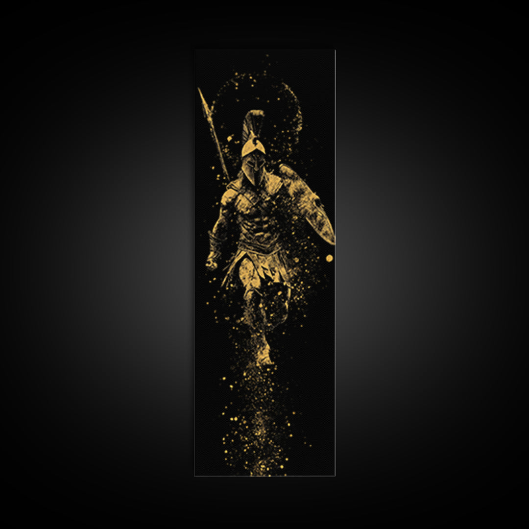 Spartan Warrior With Shield And Spear, Gold Canvas Print, Ancient Greek Helmet Wall Art, Real Wood Frame Decor