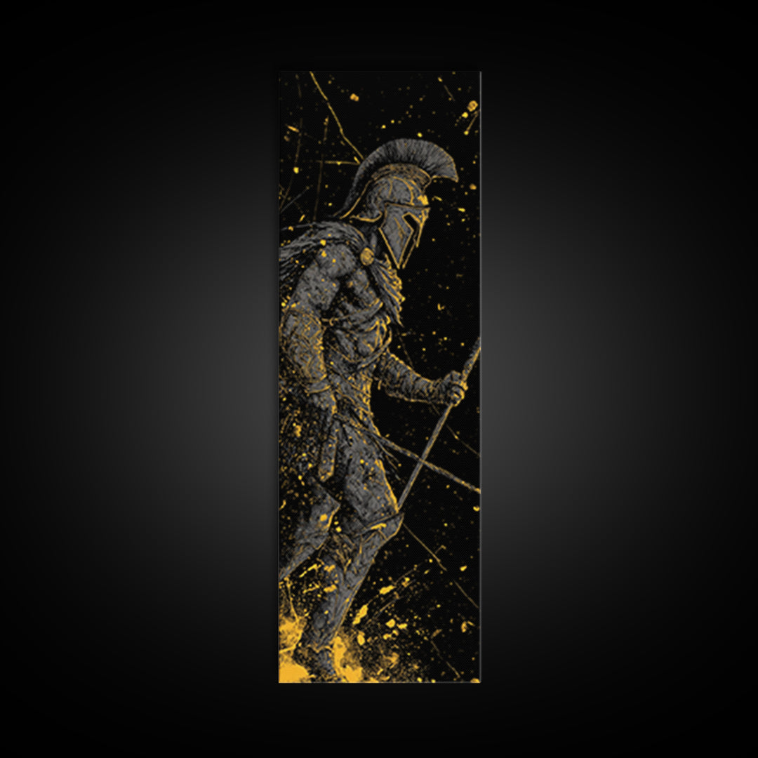Ancient Greek Spartan Fighter, Gold Canvas Print, Warrior Helmet Spear Wall Art, Real Wood Frame Decor