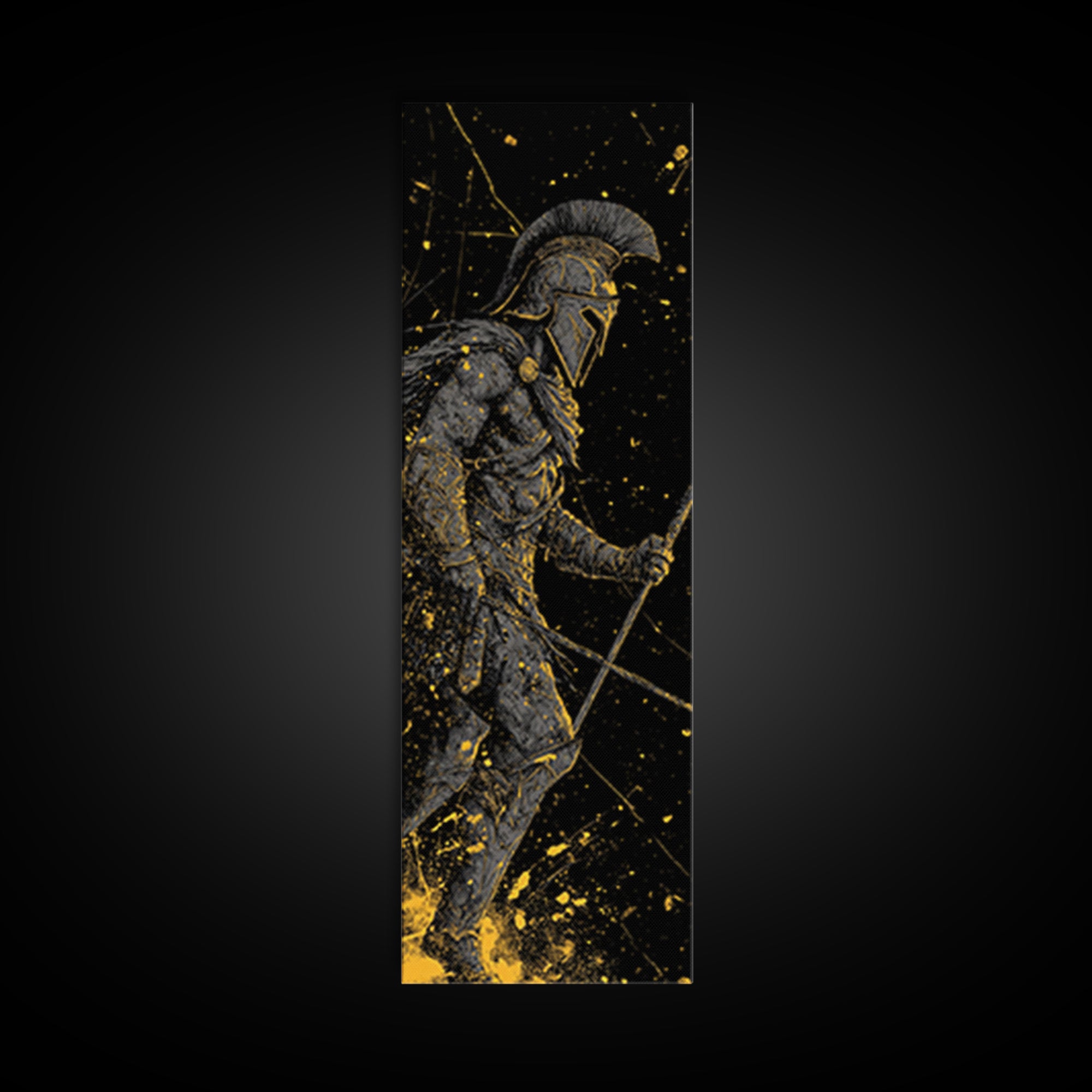 Ancient Greek Spartan Fighter, Gold Canvas Print, Warrior Helmet Spear Wall Art, Real Wood Frame Decor