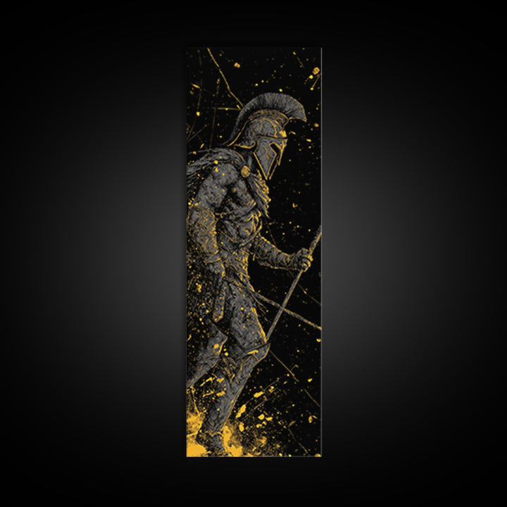 Ancient Greek Spartan Fighter, Gold Canvas Print, Warrior Helmet Spear Wall Art, Real Wood Frame Decor