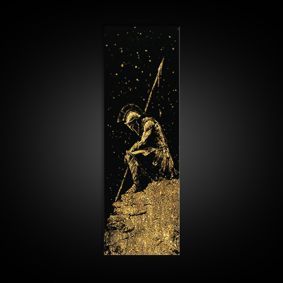 Spartan Warrior Kneeling With Spear, Gold Canvas Print, Ancient Greek Soldier Wall Art, Real Wood Frame Decor