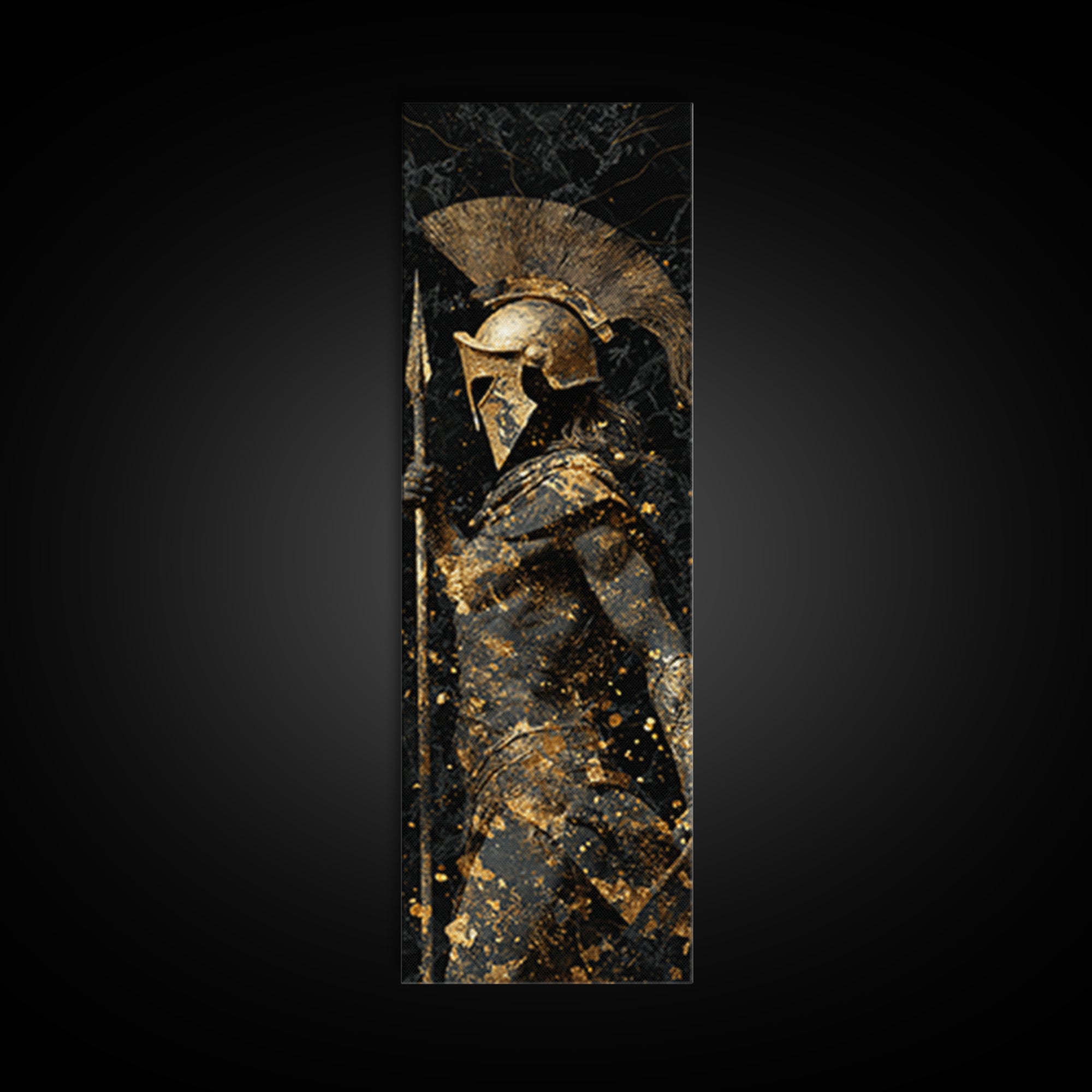 Greek Spartan Warrior Holding Spear, Gold Canvas Print, Ancient Helmet Warrior Wall Art, Real Wood Frame Decor