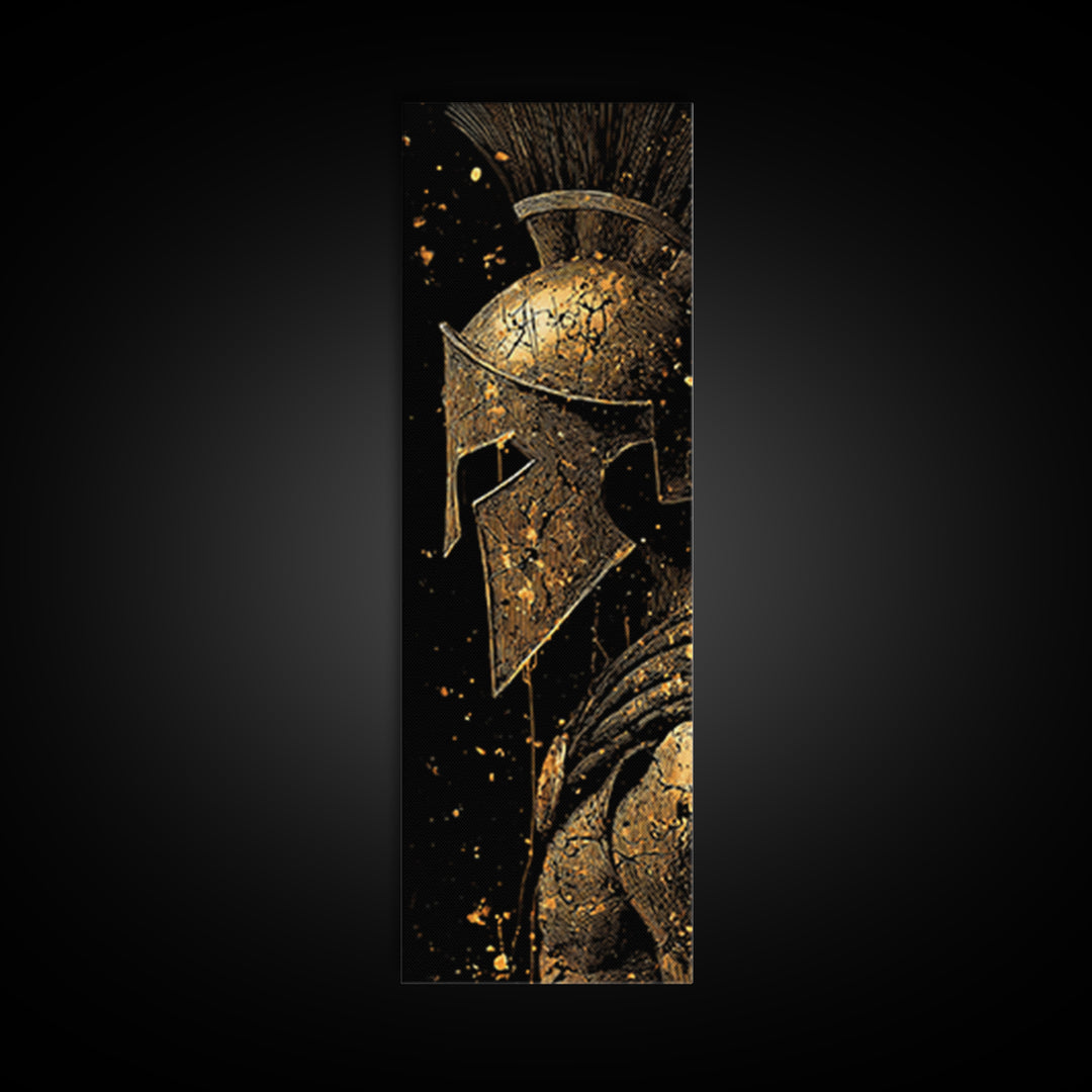 Spartan Helmet Close Up Artwork, Gold Canvas Print, Ancient Greek Warrior Wall Art, Real Wood Frame Decor