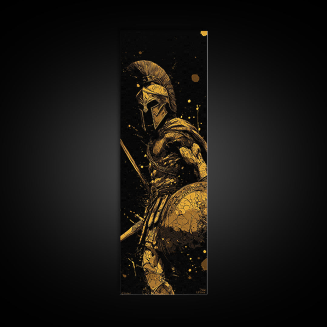 Ancient Spartan Warrior With Shield, Gold Canvas Print, Greek Soldier Helmet Wall Art, Real Wood Frame Decor