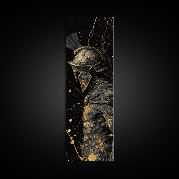 Greek Spartan Warrior In Splatter Style, Gold Canvas Print, Ancient Warrior Helmet Wall Art, Real Wood Frame Decor