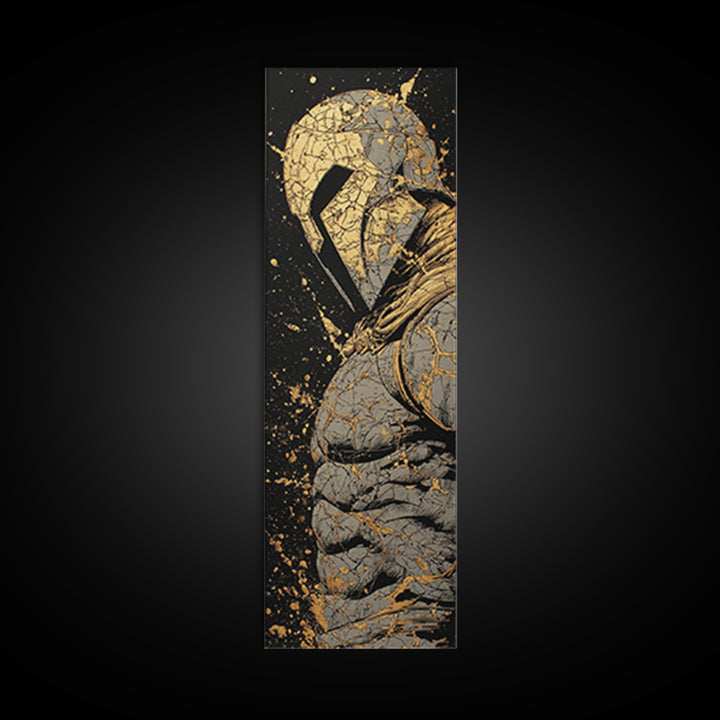 Ancient Spartan Helmet Detailed Artwork, Gold Canvas Print, Greek Warrior Wall Art, Real Wood Frame Decor