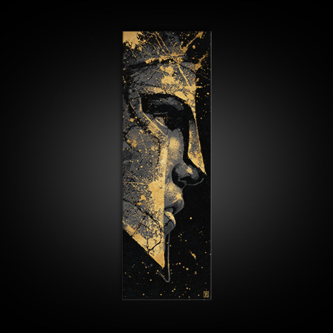 Warrior Spartan Portrait, Gold Canvas Print, Ancient Greek Helmet Wall Art, Real Wood Frame Home Decor, Historical Warrior Artwork