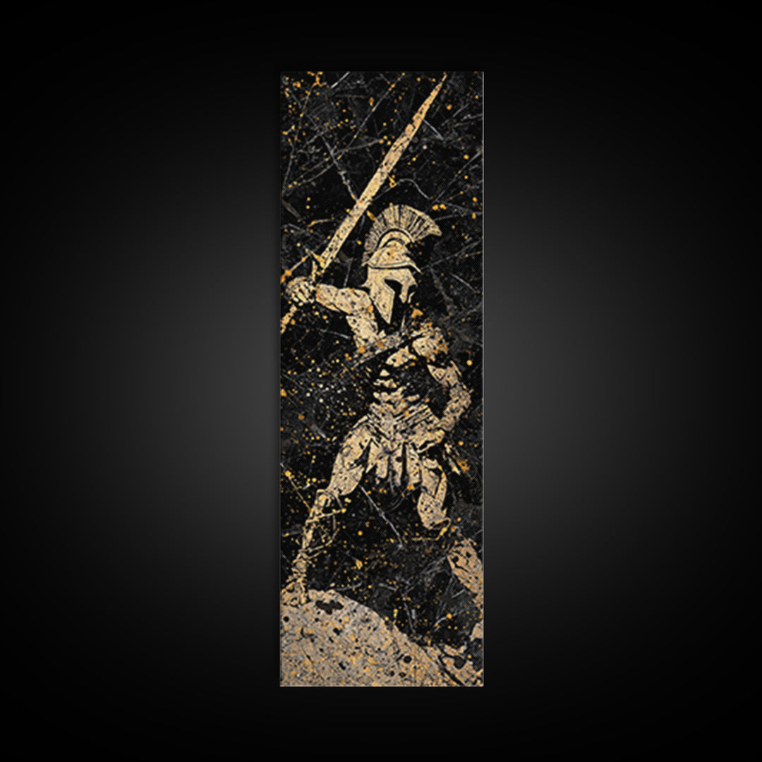 Greek Hoplite With Spear, Gold Canvas Art, Spartan Warrior Wall Decor, Real Wood Frame Canvas Print, Historical Military Artwork