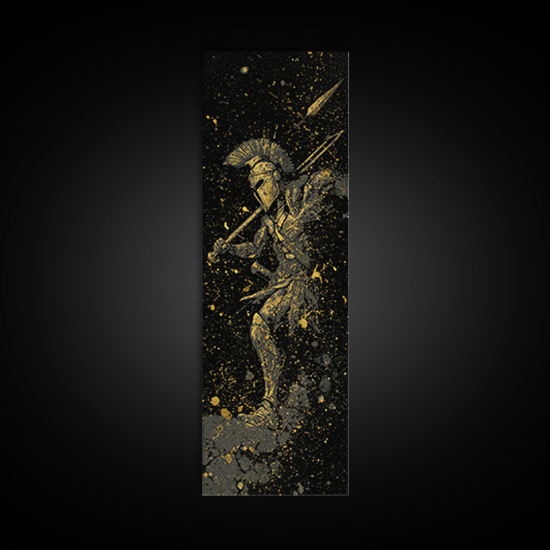Ancient Spartan In Battle, Gold Canvas Art, Warrior With Spear Wall Print, Real Wood Frame Decor, Greek Mythology Artwork